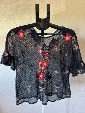 Maeve Blue-Black Sheer Floral Embroidered Blouse with Red Flowers
